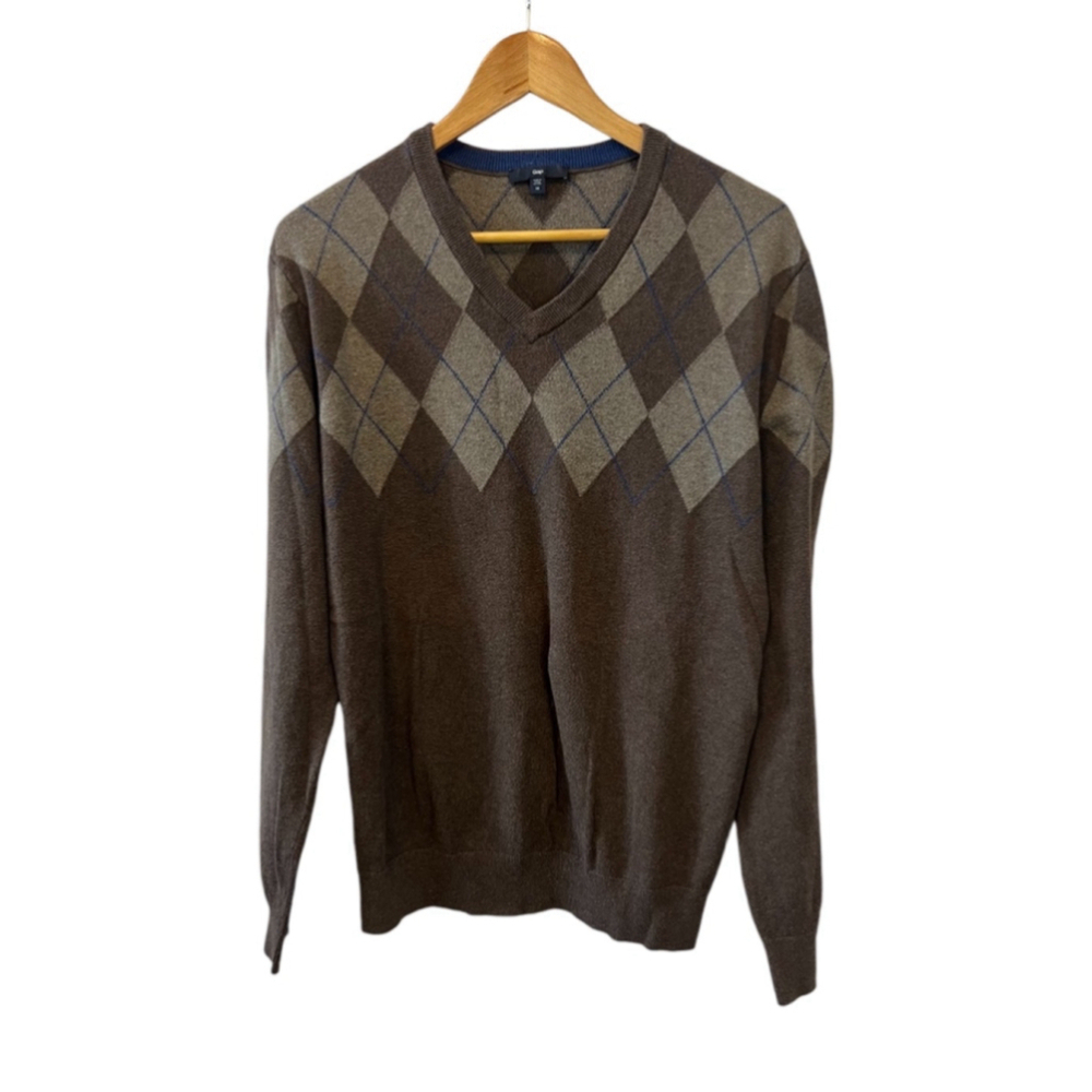 MENS GAP Brown Argyle V Neck Pullover Long Sleeve Sweater M